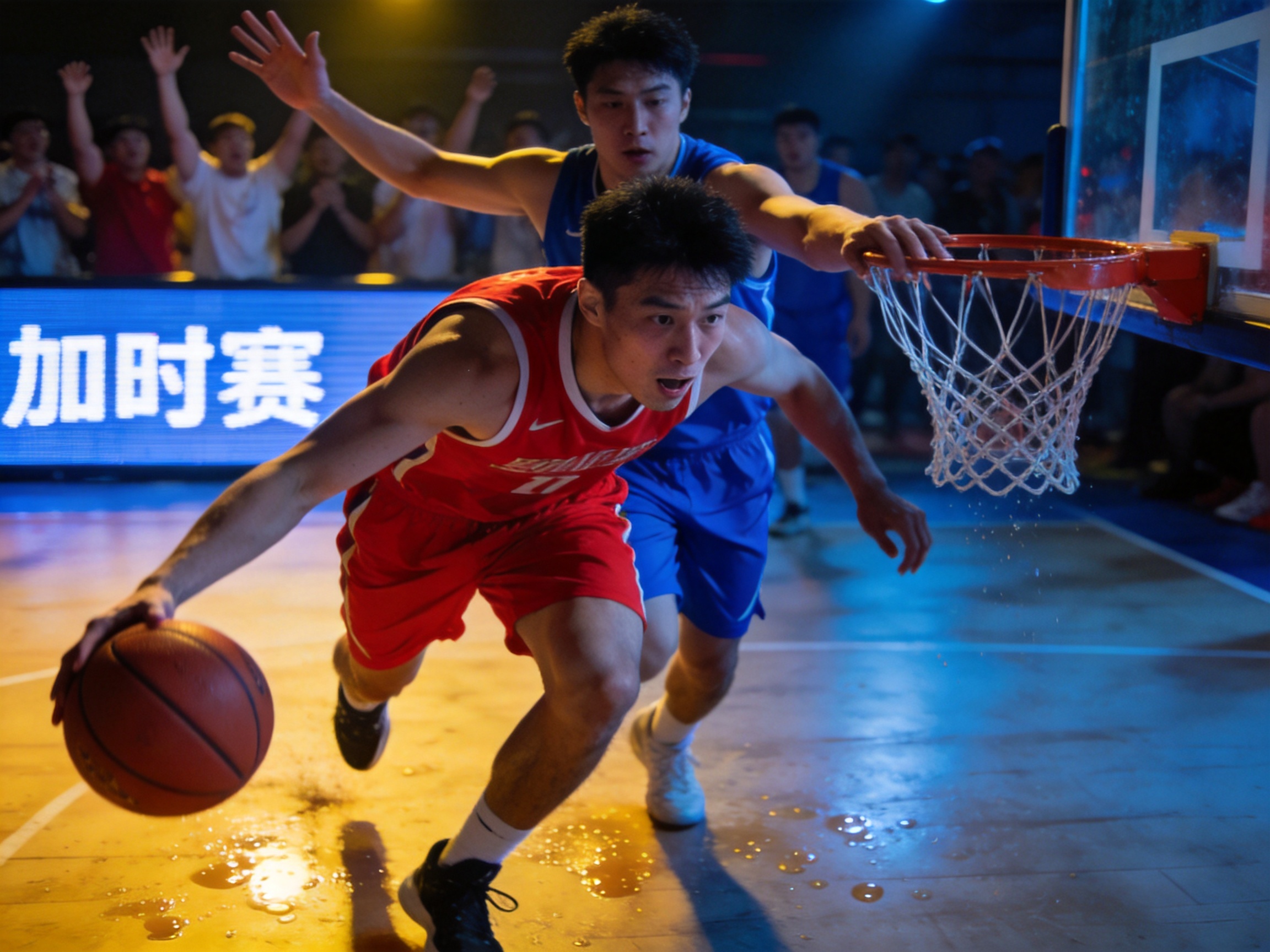 篮球运动员突破上篮的激烈比赛画面